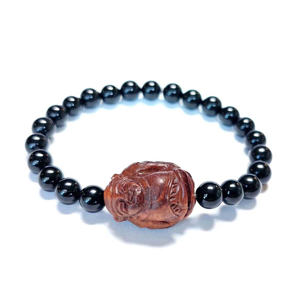 Mens Black Onyx Bead Bracelet Wise Man Wood Carving Vintage Upcycled Beads